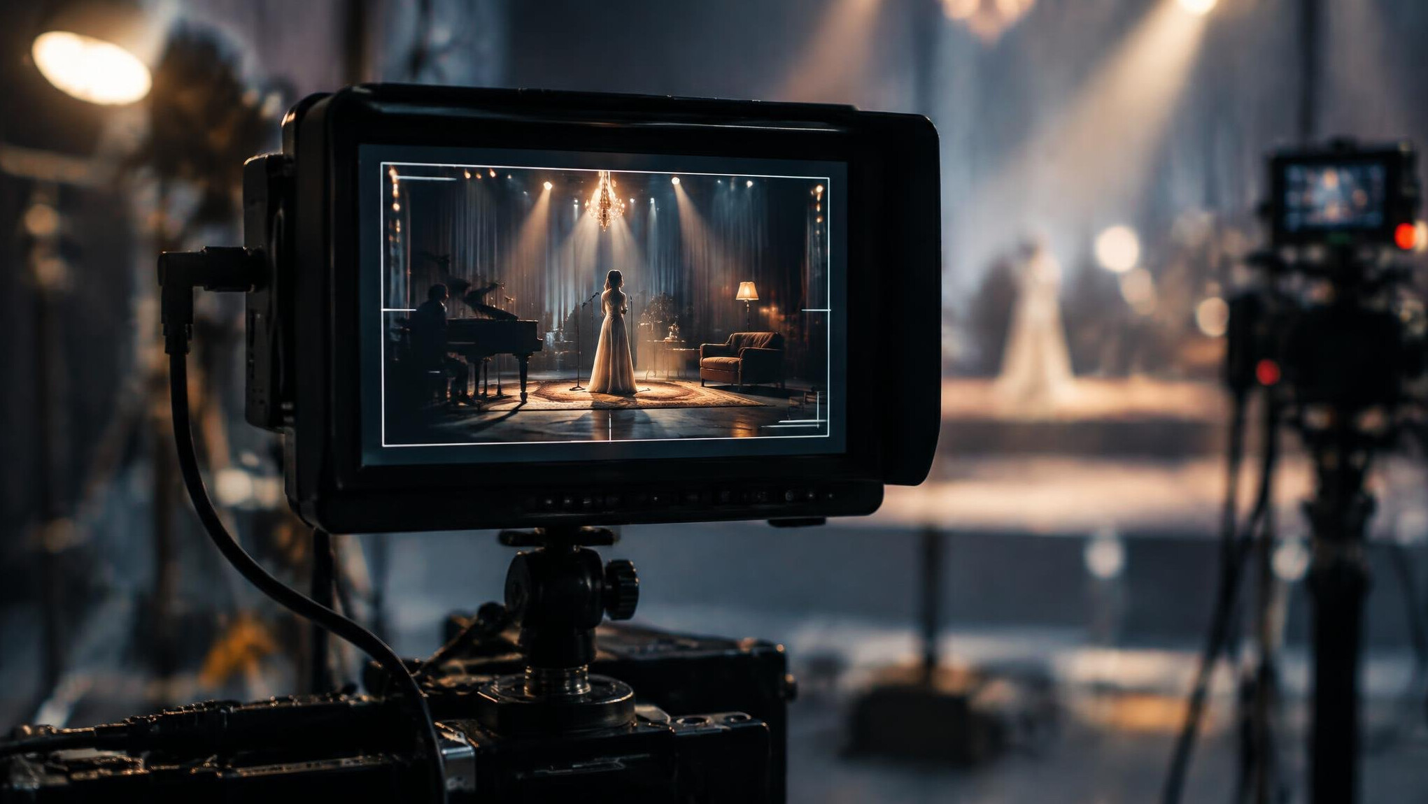 Camera monitor displaying a framed shot on a film set
