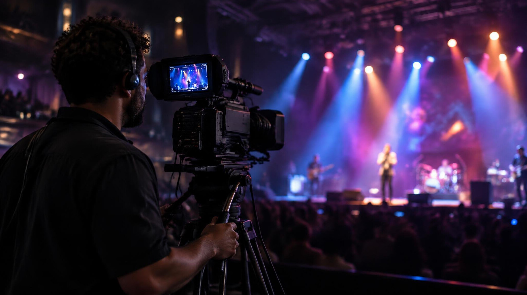 Camera operator filming a live show from behind a professional video camera