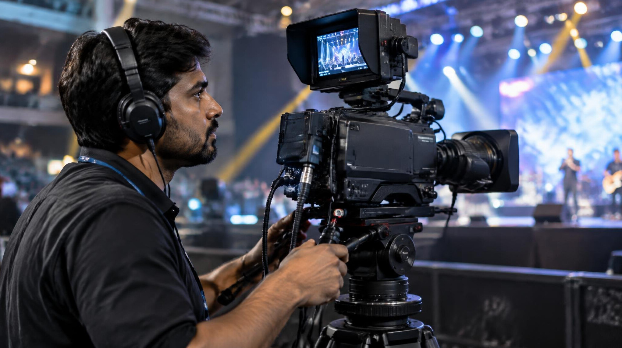 Camera operator adjusting framing on a professional camera during a show