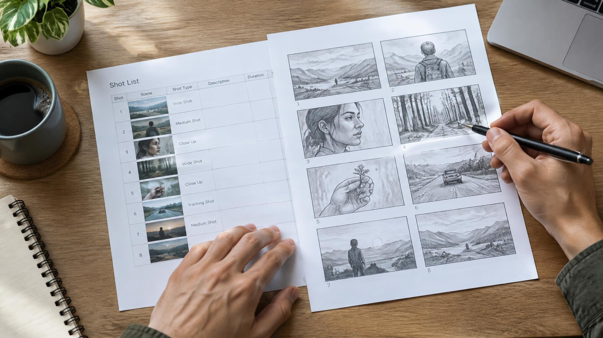 Person reviewing a shot list and storyboard on paper at a desk