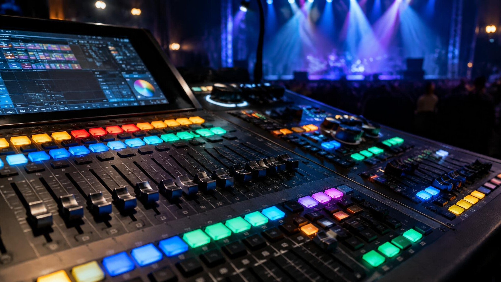 Stage lighting control console with colorful indicator lights