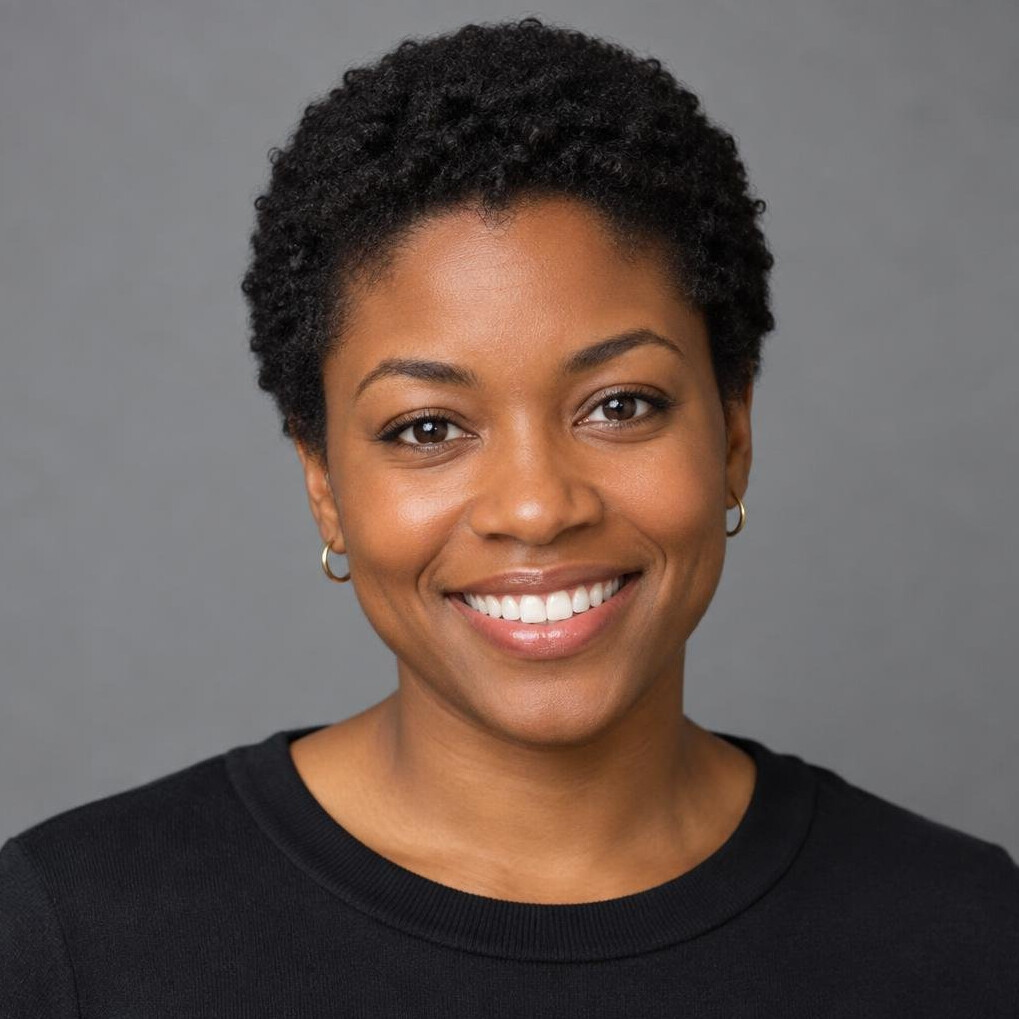Studio portrait of a smiling black woman with short hair