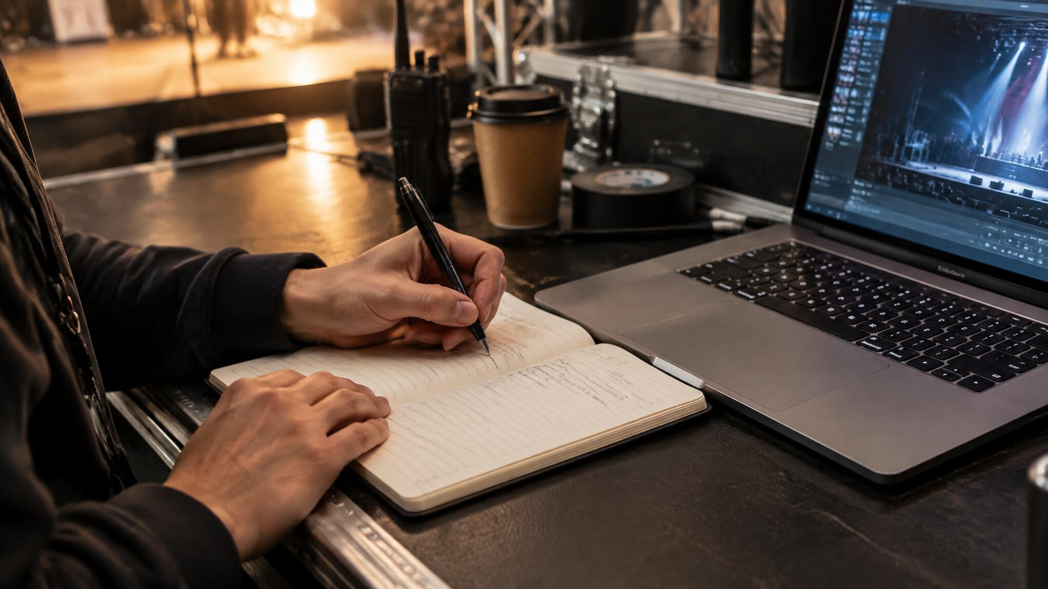 Person writing notes in a notebook next to a laptop backstage