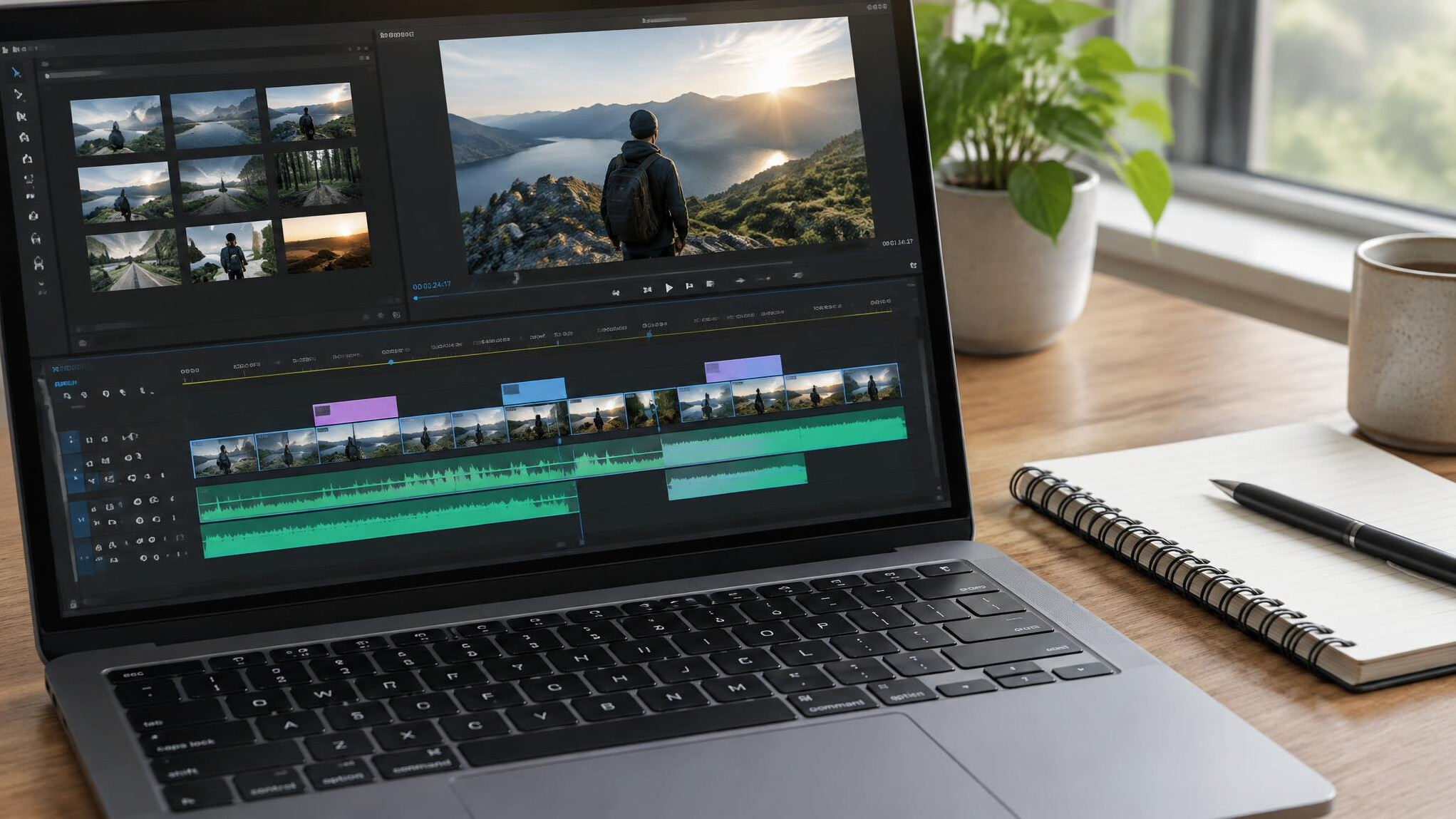 Laptop open on a desk displaying a video editing timeline